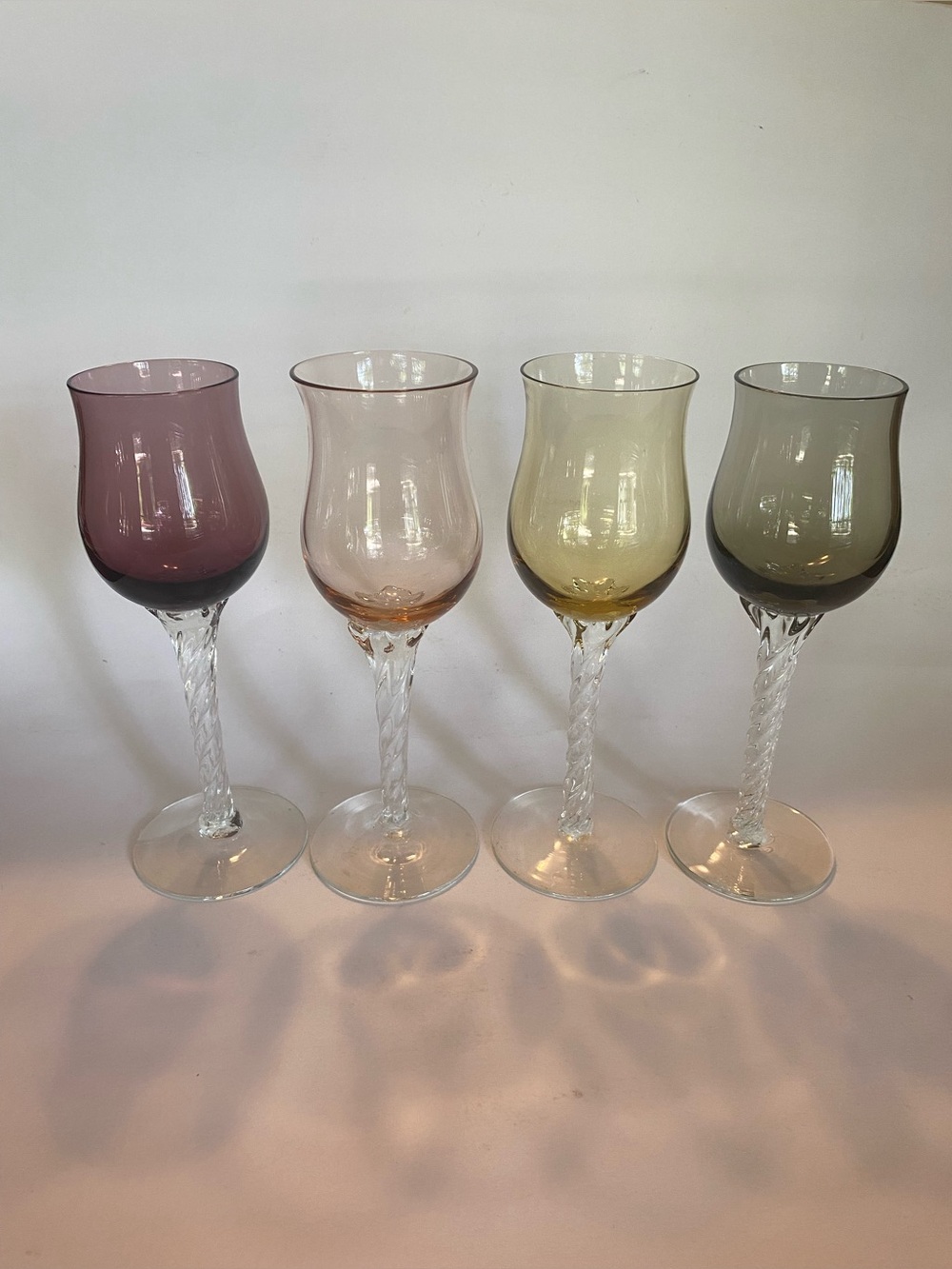 Vintage Sherry Wine Glasses Applied Clear Twist Stem Multicolor Set 4 MCM